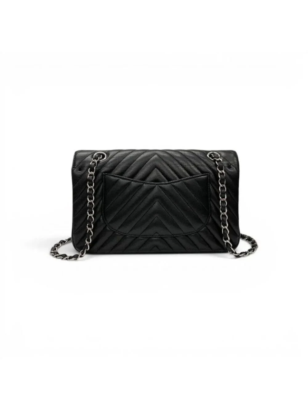 Chanel Shoulder Bag Black Silver Blanc CC Logo Stitch Double Chain Flap Turnlock
